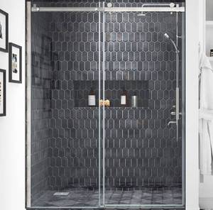 lot 25 image: Glass Shower Door 6075 2 handle options nickel finish - Retail $750