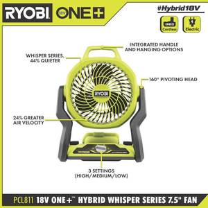 lot 1018 image: RYOBI ONE 18V Cordless Hybrid WHISPER SERIES 7-12 in. Fan (Tool Only)