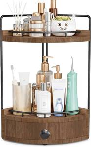 lot 2003 image: 2-Tier Corner Bathroom Counter Organizer with Drawer, Dark Brown