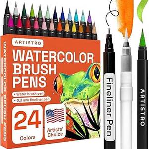lot 2010 image: ARTISTRO 24 Watercolor Markers with Flexible Paint Brush Pens for Pros & Beginners - Consistent, Smooth, Bright, Washable, Non-Toxic, Ideal for Coloring...
