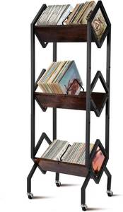 lot 2043 image: 3 Tier Vinyl Record Storage Rack, 200-250 LP Storage Shelf, Mobile Record Display Holder for Albums, Organizer for Magazines, Books and Files, Vinyl Record Stand with 3 Dividers, Rustic Brown