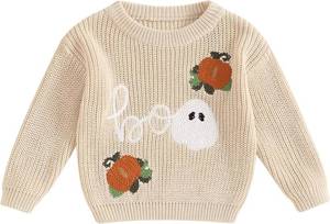 lot 2072 image: Baby Halloween Sweater Pumpkin Print Long Sleeve Crewneck Embroidery Knit Sweatshirt Toddler Fall Winter Pullover 1824 Months