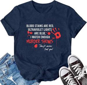 lot 2095 image: LBP Halloween Shirt for Women Murder Shows Blood Stains T-Shirt Halloween Party Night Tee Tops Blue Small