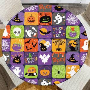 lot 2111 image: Halloween Round Fitted Tablecloth with Elastic Pumpkin Ghost Bat Spider Web Round Table Cover Waterproof Kitchen Decor Cover for Patio Holiday Party Fits to 48-52 Round Table (Purple, 52 (Round))