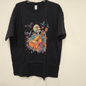lot 2113 image: Colorful skeleton playing an acoustic guitar amidst falling leaves and flying birds.XL