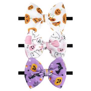 lot 2116 image: YanJie Halloween Baby Girl Headbands with Bows Pumpkin Headband Black Ghost Printed Baby Bows Orange Newborn Bows Nylon Hair Bows Toddler Headband Purple