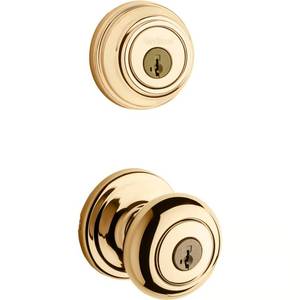 lot 2148 image: Kwikset SmartKey Juno Polished Brass Deadbolt and Entry Door Knob KW1 1-34 in.