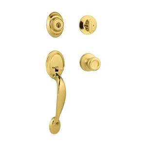 lot 2217 image: Kwikset SmartKey DakotaTylo Polished Brass Entry Handleset KW1 1-34 in.