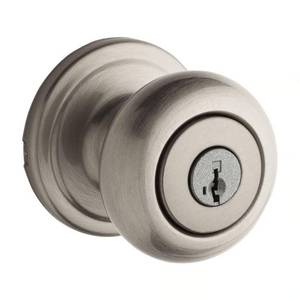 lot 2228 image: Kwikset SmartKey Juno Satin Nickel Entry Door Knob KW1 1-34 in.