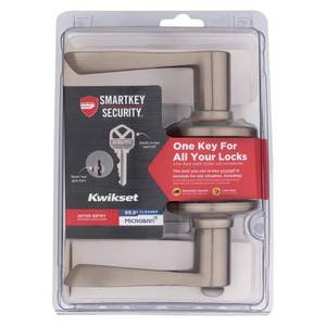 lot 2281 image: Kwikset SmartKey Security Wave Satin Nickel Entry Lever KW1 2-34 in.