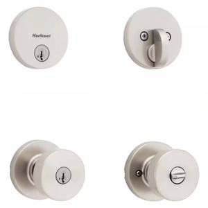 lot 2284 image: Kwikset Pismo Round Rose Satin Nickel Knob Door Combo Pack Featuring SmartKey Security