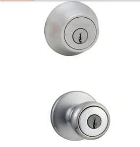 lot 2285 image: Kwikset Tylo Satin Chrome Exterior Entry Door Knob and Single Cylinder Deadbolt Combo Pack