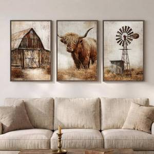 lot 3037 image: $120 Framed Farmhouse Highland Cow Wall Art for Living Room, Set of 3 20x30 In
