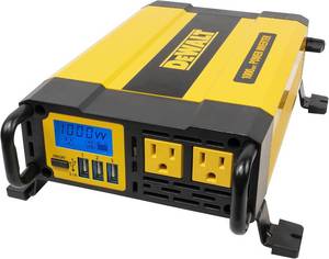 lot 1087 image: $200 DEWALT DXAEPI1000 Power Inverter 1000W Car Converter with LCD Display Dual 120V AC Outlets, 3.1A USB Ports, 12V DC Adapter, Battery Clamps