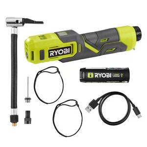 lot 1129 image: RYOBI USB Lithium Cordless Bike and Ball Pump Inflator Kit with 2.0 Ah USB Lithium Battery and Charging Cable
