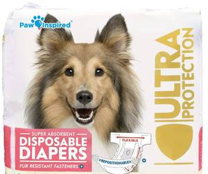 lot 270 image: Paw Inspired Disposable Female Dog Diapers, Medium Plus Size, 32 Count - Retail $25