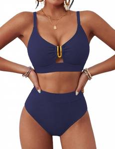 BMJL TOP ONLY Womens Bikini Ribbed V Neck Lace Up Swimsuit(M,Navy Blue) - Retail: $30