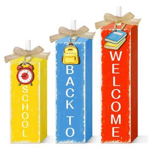 lot 294 image: 3 PCs Welcome Back to School Table Decor Large Wooden Tiered Tray Decorations Block Stack Signs First Day of School Tabletop Centerpiece Farmhouse Shelf Gifts for Student Teacher (Back to school-clock) - Retail $10