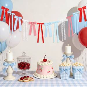 lot 322 image: Cherry Blue Gingham Bow Garland, White Lace and Red Blue Gingham Bow Garland Plaid Ribbon Bows Banner Decor for Cherry Birthday, Shes Ready to Pop Baby Shower, Cherry on Top Theme Party Decorations - Retail $10