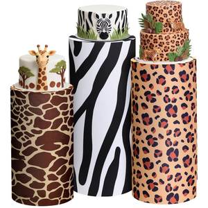 lot 371 image: Mindsoft Set of 3 Safari Spandex Cylinder Stand Covers for Party, Jungle Pedestal Covers, Leopard Cheetah Dessert Tables Display for Wild One Birthday Party Backdrop Decor(Black, Brown, White, Safari) - Retail $21