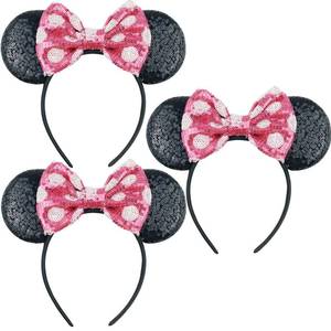 lot 499 image: TWO PIECES LIHELEI Ears Mouse Ears Headband with Sequin Bows, Headbands for Halloween Costume, Headwear Hair Accessories for Women - 2PCS Hot Pink - Retail $17