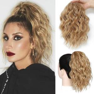 lot 520 image: AFNOTE Ponytail Extension,12 Inch Drawstring Ponytail Hair Extensions for Women Synthetic Curly Wavy Fake Pony Tails Hair Pieces for Daily Party Use (Golden Blonde) - Retail $10