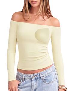 lot 521 image: SUUKSESS Women Long Sleeve Shirts Padded Cotton Ribbed Off the Shoulder Top Small - Retail $30