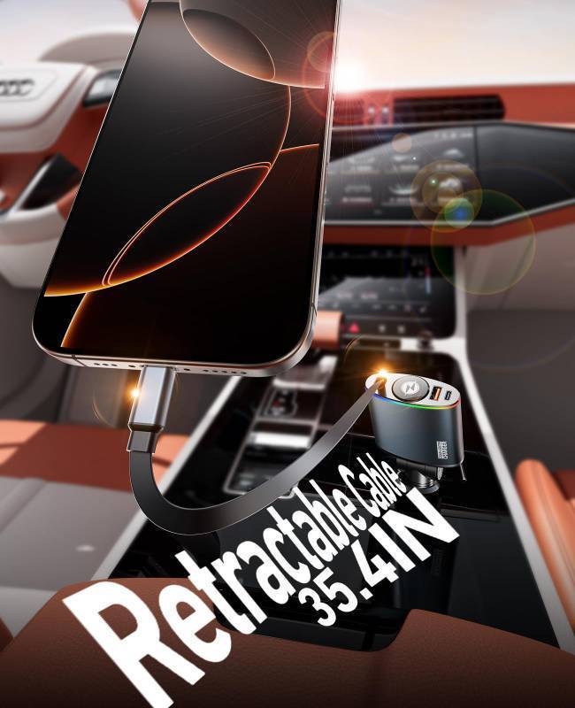 lot 59053 image: Retractable Car Charger,Lightning Cable Car Charger Fast Charge,Adapter with Retractable Cables and USB Ports for iPhone 14131211 Series,Accessories for Men - Retail $15