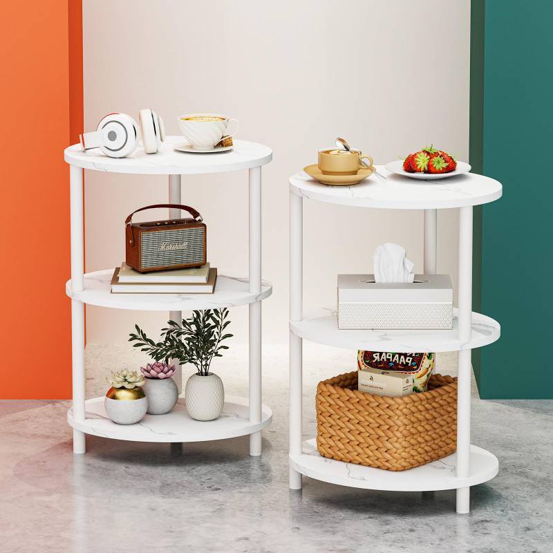 lot 59035 image: Small Round Side Table - 3-Tier Oval Accent Table for Small Spaces, Rustic Wood and Metal Couch End Table, Nightstand for Bedroom or End Table Living Room, Set of 2, Marble White. MISSING LEGS AND TWO PARTS HAVE DAMAGE. - Retail $56