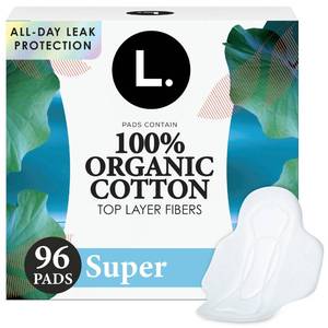 lot 47308 image: L. Ultra Thin Pads for Women, Super Absorbency, Organic Cotton Top Layer, Unscented Pads with Wings, 96 Count (4 Packs of 24) - Retail $23