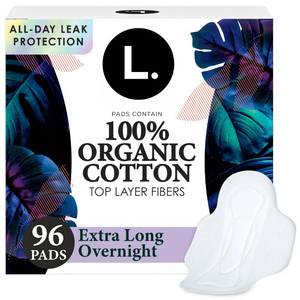 lot 47315 image: L. Ultra Thin Pads for Women, Overnight Absorbency, Organic Cotton Top Layer, Unscented Pads with Wings, 96 Count (4 Packs of 24) - Retail $27