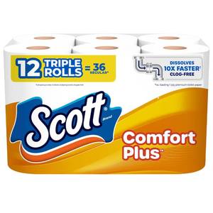 lot 47320 image: Scott ComfortPlus Toilet Paper, 12 Triple Rolls, 231 Sheets per Roll - Retail $6