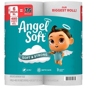 lot 47325 image: Angel Soft 2-Ply Super Mega Roll Toilet Paper - 480.0 ea x 6 pack - Retail $10
