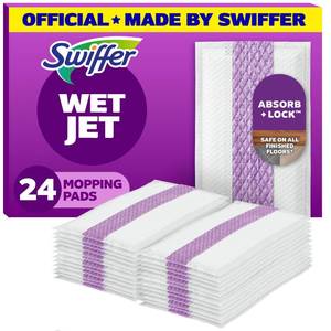 lot 47327 image: Swiffer WetJet Hardwood Floor Cleaner Spray Mop Pad Refill, Bathroom Cleaning Supplies, Hardwood Floor Cleaner, Multi Surface, 24 Count - Retail $13