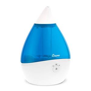 lot 47373 image: Crane Droplet Ultrasonic Small Air Humidifiers for Bedroom and Office, 0.5 Gallon Cool Mist Humidifier for Plants and Home, Humidifier Filters Optional, Blue and White - Retail $45
