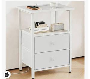 lot 47388 image: Nightstand with Charging Station, Bedside End Table with 2 Fabric Drawers for Bedroom, Side Table with USB Ports and Outlets - Retail $40