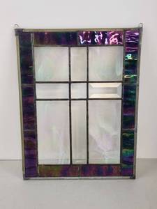 lot 46 image: Vintage Stained Glass Window Panel Cross with Rainbow Border 10x13.5