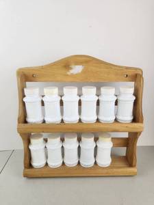 lot 61 image: Vintage Milk Glass Spice Jar Set w Wooden Wall Rack&nbsp