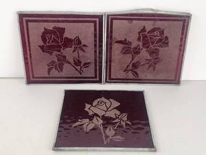 lot 103 image: 3-Piece Etched Glass Rose Wall Art Burgundy Set