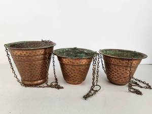 lot 107 image: Vintage Alford Hammered Copper Hanging Planters Set of 3 with Chains