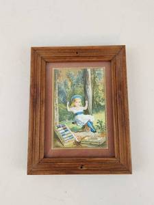lot 109 image: Vintage J&P Coats Thread Chromolithograph Advertising Card Girl on Swing Framed