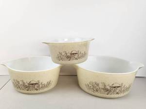 lot 127 image: Vintage Pyrex Forest Fancies Mushroom Nesting Bowl Set