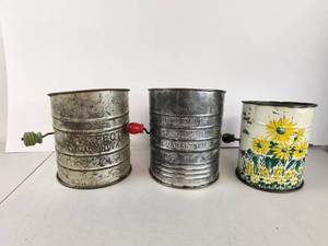 lot 152 image: Lot of 3 Vintage Flour Sifters Perfect Bromwells Sunflower