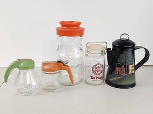 lot 159 image: Vintage Glass Syrup Dispensers Carafes &amp Metal Painted Coffee Pot