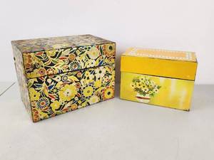 lot 182 image: 2 Vintage Decorative Recipe Boxes Yellow Floral Pattern Tin J. Chen