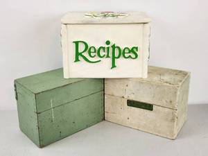 lot 183 image: Recipe Card Storage Box Set 3 Wooden Boxes Green White Cream