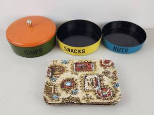 lot 184 image: Vintage Snack Server Set Bowls Wooden Coasters Tray