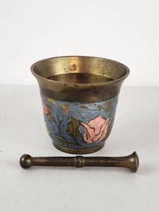 lot 190 image: Brass Mortar and Pestle with Enameled Decoration