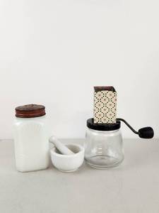 lot 191 image: Vintage Kitchen Lot Nut Grinder Mortar &amp Pestle Milk Glass Jar