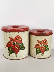 lot 205 image: Vintage DecoWare Metal Kitchen Cannisters MCM 1950s